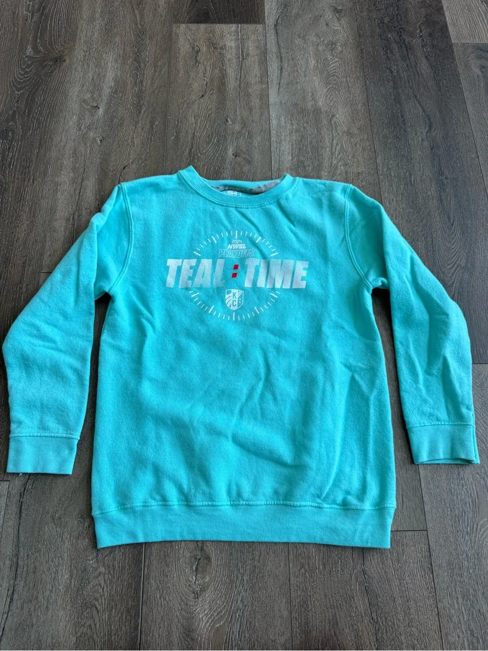 KC Current Soccer Teal Crewneck Sweatshirt with 'TEAL TIME' Graphic Youth Large